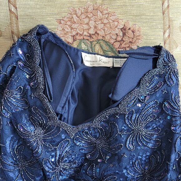 Laurence Kazar Blouse Womens M Blue Short Sleeve Sequin Beaded Shimmer Top - Picture 11 of 13